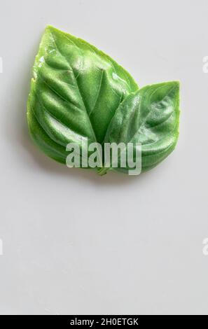 Two Green Basil Leaves on White Background with Text Space Stock Photo
