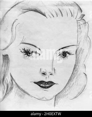 Art portrayal of sophisticated woman looking like a Hollywood movie star from the 40s. Pencil drawing. Stock Photo