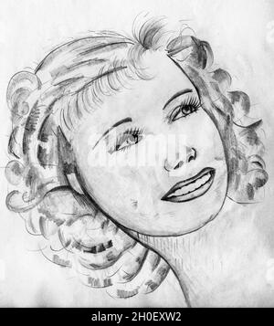 Art portrayal of sophisticated woman looking like a Hollywood movie star from the 40s. Pencil drawing. Stock Photo