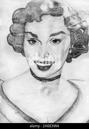 Art portrayal of sophisticated woman looking like a Hollywood movie star from the 40s. Pencil drawing. Stock Photo