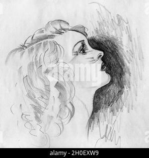 Art portrayal of sophisticated woman looking like a Hollywood movie star from the 40s. Pencil drawing. Stock Photo