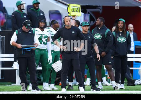 New York Jets' head coach Robert Saleh gives a press conference before an  NFL practice session at Hanbury Manor Marriott Hotel and Country Club near  the town of Ware, in south east