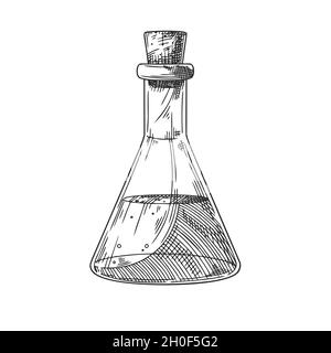 Sketch of a chemical laboratory object. Pharmaceutical flasks, beakers and test tubes. Discovery and chemistry symbol. Stock Vector