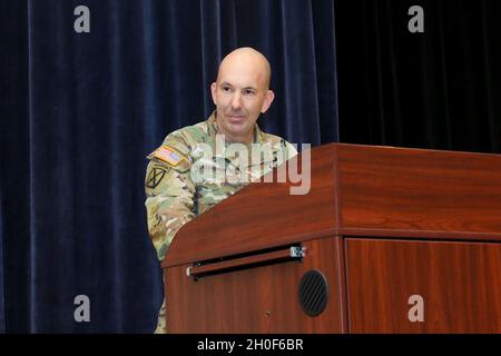 Command Sgt. Maj. Robert Fortenberry relinquishes responsibility of the Infantry School to Command Sgt. Maj. Christopher Gunn, Feb. 22, in Derby Auditorium. Stock Photo