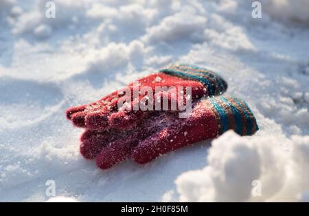 Red knitted gloves for kids lying on snow Stock Photo