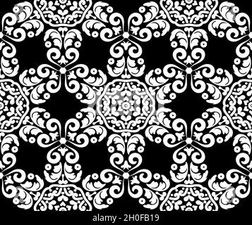 Fantastic white flowers on a black background. Seamless floral vintage pattern. Decorative ornate texture. Black and white. For fabric, wallpaper Stock Vector