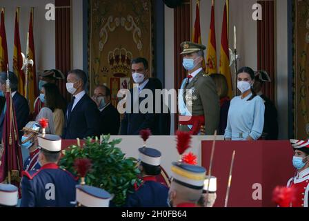 Madrid, Spain. 12th Oct, 2021. Spanish King Felipe VI and Queen Letizia Ortiz with daughter Sofia de Borbon attending a military parade during the known as Dia de la Hispanidad, Spain's National Day, in Madrid, 12, October 2021 Credit: CORDON PRESS/Alamy Live News Stock Photo