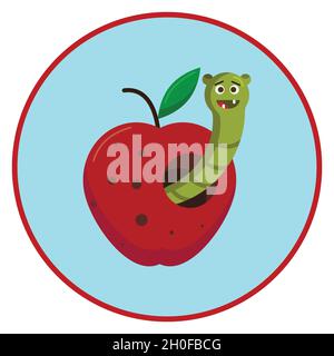 Worm in an apple round sticker label flat design Stock Vector