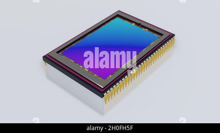 Sensor of modern digital camera, big size with thin pins. Top side view, iridescent matrix surface, 3D rendering, isolated on white Stock Photo