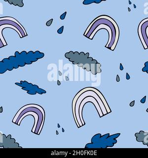 Seamless pattern with rainbow, rain and clouds. Blue background. Stock Vector