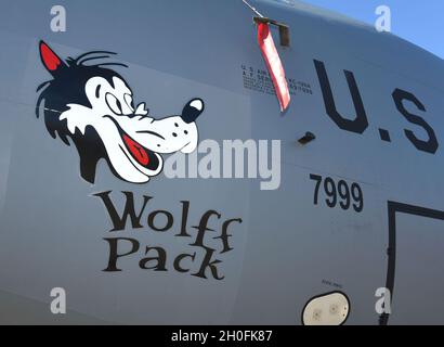 Heritage nose art “Wolff Pack” is displayed on one of the 100th Air Refueling Wing’s KC-15 Stratotanker aircraft at Royal Air Force Mildenhall Feb. 26, 2021. The nose art is based on World War II designs of the 100th Bombardment Group based at Thorpe Abbotts, Diss, England. Lieutenant Robert Wolff was a B-17 Flying Fortress pilot with the 418th Bomb Squadron, 100th BG, who flew his first combat mission out of Thorpe Abbotts. The KC-135 nose art was dedicated to Wolff in May 2012, on the 67th anniversary of Victory in Europe Day. The Wolff Pack tanker has been sponsored by the 100th Operations Stock Photo