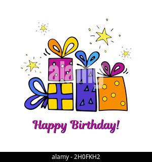 Vector birthday card with gifts and stars. Stock Vector