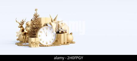 Merry Christmas and Happy New Year greeting card. Golden decoration on white background with copy space 3d render 3d illustration Stock Photo