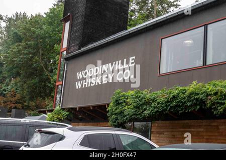 Woodinville, WA USA - circa August 2021: view of the Woodinville Whiskey Company on an overcast day Stock Photo