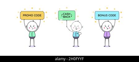 Sign with text Promo code, Cash back and Bonus code. Cartoon doodle man, cute people. Promo action, advertisement, special offer, code promotion for e Stock Vector
