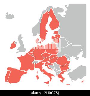 Simplified map of EU, European Union. Rounded shapes of states with smoothed border. Red simple flat blank vector map. Stock Vector