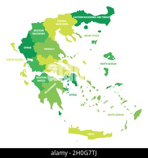 Green political map of Greece. Administrative divisions - decentralized administrations. Simple flat vector map with labels. Stock Vector