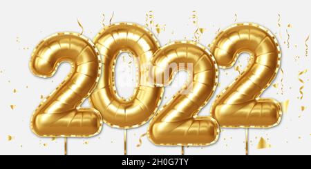 Happy New Year 2022. Banner with realistic golden balloons. Decorative design elements for poster, banner, greeting card. Vector illustration Stock Vector