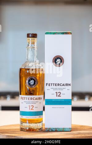 Calgary, Alberta - October 8, 2021: Bottle of Fettercairn single malt scotch whisky with display box