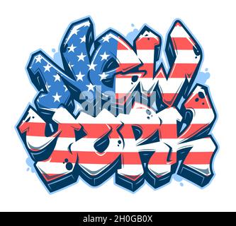 New York lettering in readable graffiti style with United States of America flag. Isolated on white background. Stock Vector