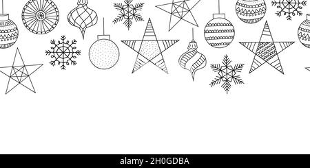 Christmas ornaments seamless vector border black on white. Line art doodle holiday baubles repeating pattern isolated. Cute hand drawn seamless Stock Vector