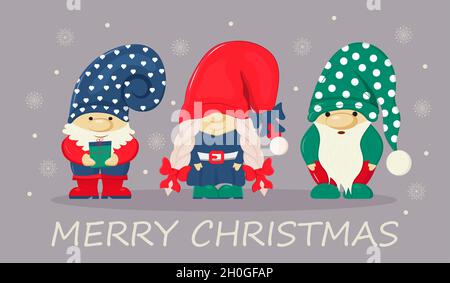Christmas, Santa's fairy helper illustration. New year, Merry Christmas greeting, xmas card. Garden gnome statue. Dwarf, trowel vector. Gnome with bea Stock Vector