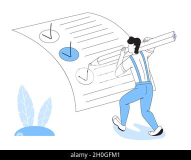 Online form survey vector in doodle style. Man fills quiz, pass exam, complete paper, invoice. Online questionnaire document. Digital check list or te Stock Vector