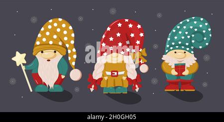 Christmas, Santa's fairy helper illustration. New year, Merry Christmas greeting, xmas card. Garden gnome statue. Dwarf, trowel vector. Gnome with bea Stock Vector