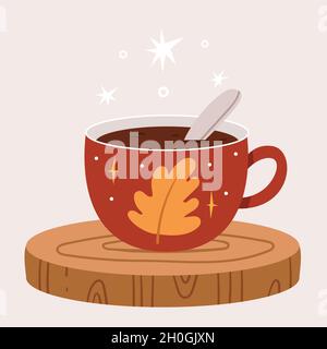 An autumn red cup with an oak leaf stands on a wood cut. Stock Vector