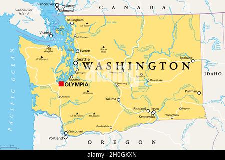 Washington, WA, political map with the capital Olympia. State in the Pacific Northwest region of the Western United States of America. Stock Photo