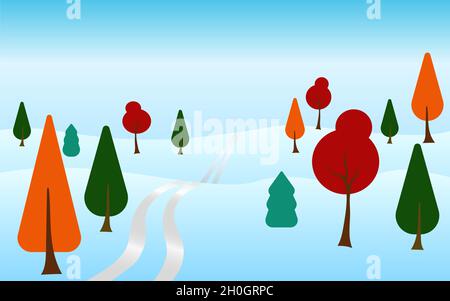 flat style winter forest landscape card template winter cartoon background vector Stock Vector