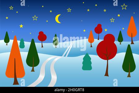 flat style winter forest landscape night in the sky shining stars card blank winter cartoon Stock Vector