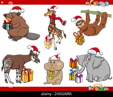 Cartoon illustration of comic animal characters on Christmas time set Stock Vector