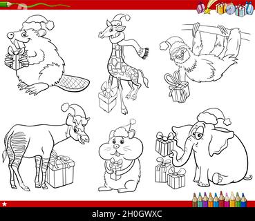 Black and white cartoon illustration of comic animal characters on Christmas time set coloring book page Stock Vector