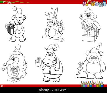 Black and white cartoon illustration of funny animal characters on Christmas time set coloring book page Stock Vector