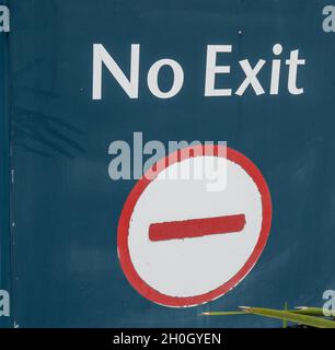 No Exit sign white letters on blue background with red and white symbol Stock Photo