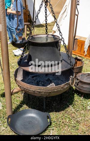 Cooking equipment replicas used by medieval vikings displayed by a re-enactment troupe at a village fair Stock Photo