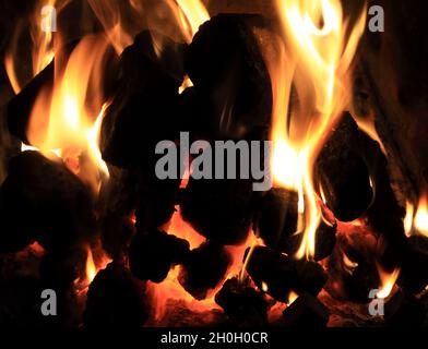 Coal Fire, domestic, in hearth, flames, flame, heat, warm, warmth, coals, pollution, heating Stock Photo