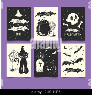 flat halloween card collection black white vector design illustration Stock Vector