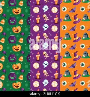 seamless pattern cute cartoon ghosts pumpkins vector design illustration Stock Vector