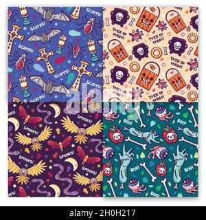 hand drawn halloween pattern collection with animals objects vector design illustration Stock Vector