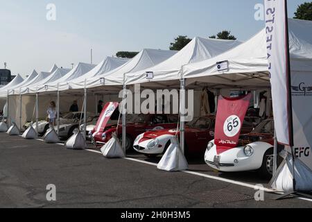 Italy, september 11 2021. Vallelunga classic. Alfa Romeo historical sports car aligned in circuit paddock Stock Photo