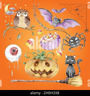 collection halloween cute elements watercolor style Stock Vector
