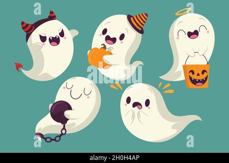 halloween ghost with costumes collection vector design illustration Stock Vector