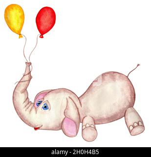 Elephant flying in balloons yellow and red. Illustration for children. Isolated on a white background. Hand-drawn. Stock Photo
