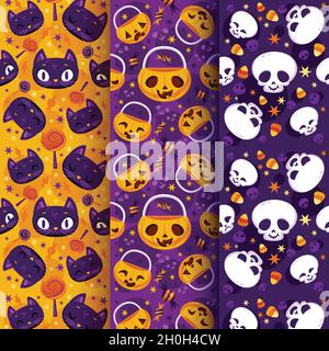 pumpkin skull cats flat halloween pattern collection vector design illustration Stock Vector