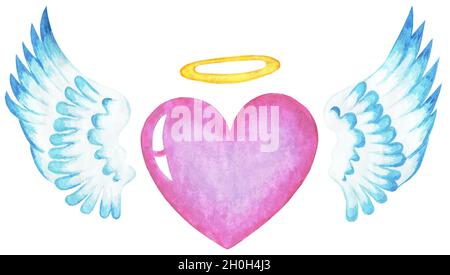 Pink heart with angel wings and a halo. Valentine's Day. Religious illustration. Isolated on a white background. Drawn by hand. Stock Photo