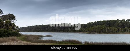 Panoramic view of the lagoon on Hunting Island, South Carolina, overcast and stormy day, horizontal aspect Stock Photo