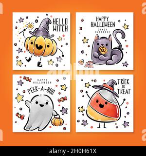cute watercolor halloween card collection vector design illustration Stock Vector