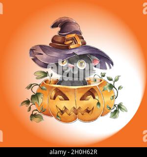 cute watercolor halloween black cat with witch hat vector design illustration Stock Vector